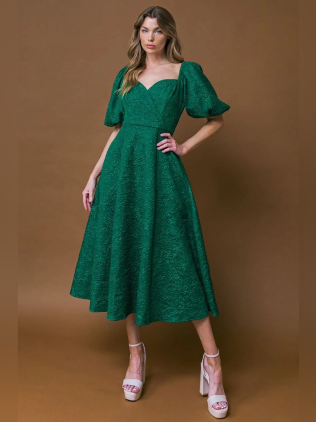 Flying Tomato Emerald Green Textured Puff Sleeve Midi Dress Size Medium